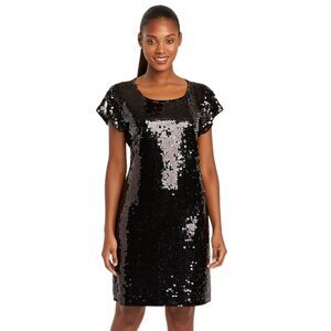 Alfani Medium Black Sequined Cocktail Dress Knee Length Cap Sleeve Lined Party